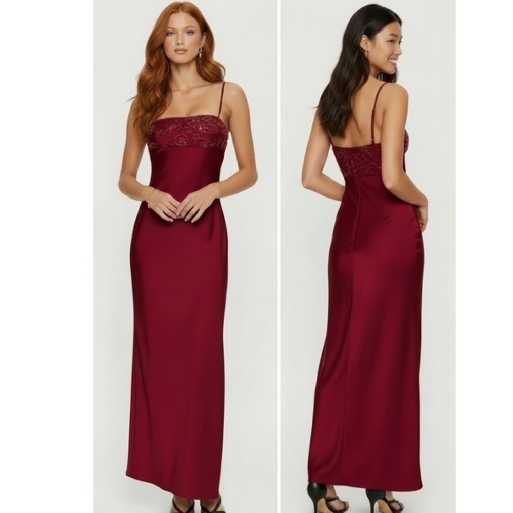 Princess Polly Burgundy Satin Sequin Mesh Maxi Dress Red Prom Gown US 2